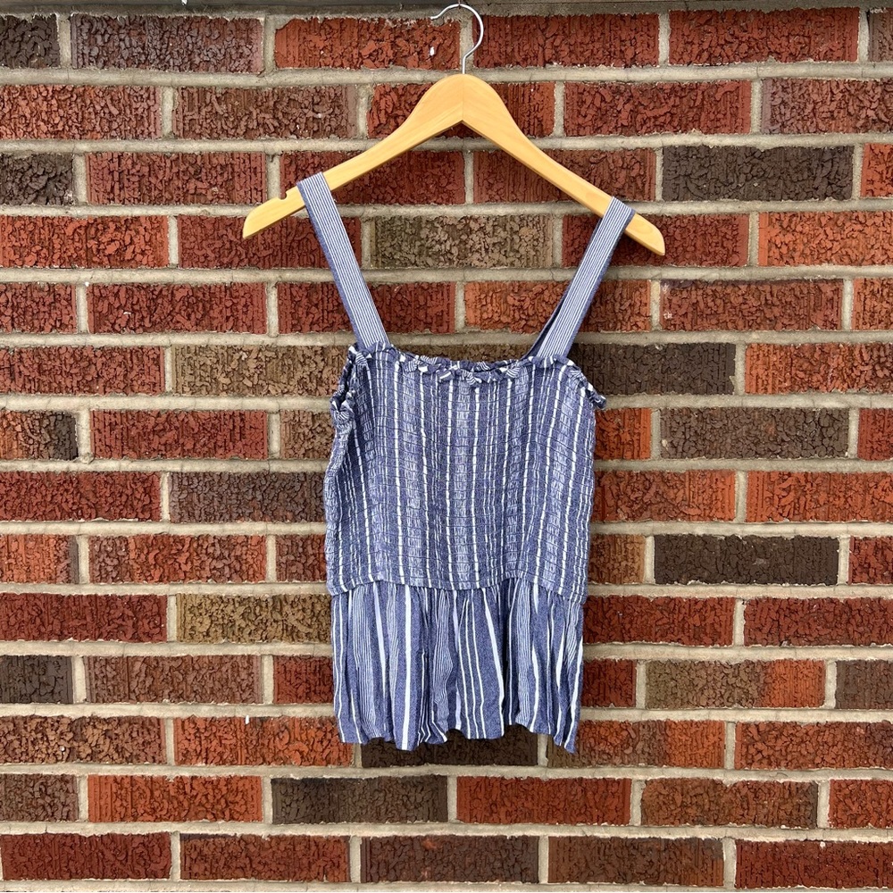 LOFT Blue and White Linen Scrunched Flat Sleeve Flounce Tank Top